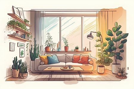 Living room interior with sofa, table and plants. Vector illustration.の素材