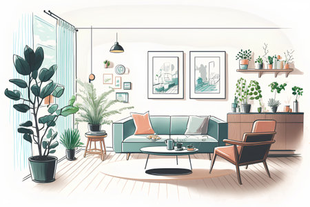 Modern living room interior with sofa, armchair, coffee table and plants. Vector illustration.の素材