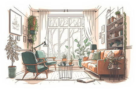 Living room interior sketch. Hand drawn vector illustration in vintage style.の素材