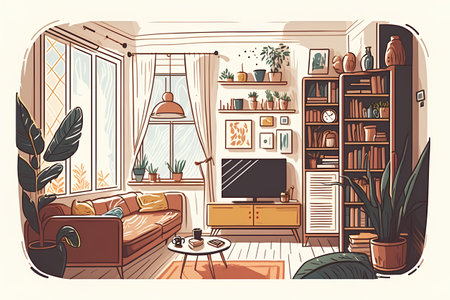 Living room interior with furniture, sofa, bookshelf, coffee table and potted plants. Vector cartoon illustration.の素材