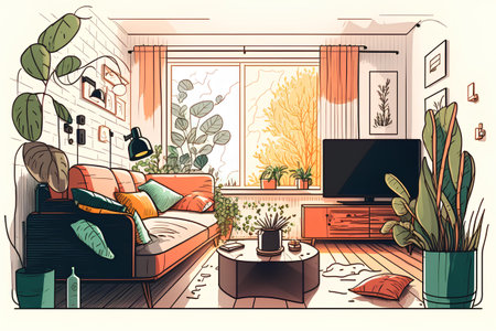 Living room interior with sofa, coffee table, tv and plants. Cozy home design. Vector cartoon illustrationの素材