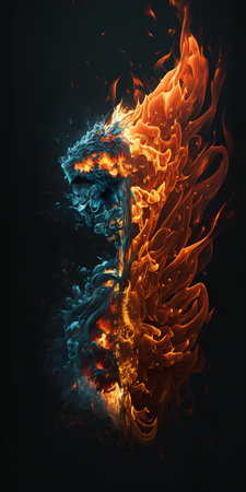 Flaming dragon on a black background. 3D illustration.の素材