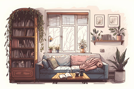Living room interior with sofa, bookshelf and plants. Vector illustration.の素材