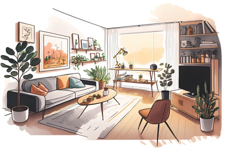 Interior of a modern living room. Hand drawn vector illustration.の素材