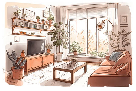 Interior of a cozy living room. Hand drawn vector illustration.の素材