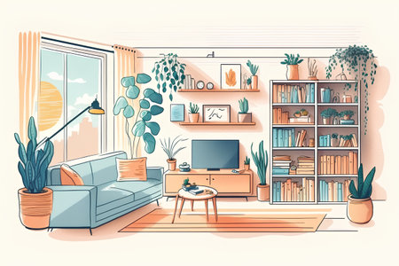 Modern living room interior design with furniture and plants. Vector illustration.の素材