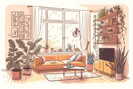 Living room interior with sofa, bookshelf and plants. Hand drawn vector illustration.の素材