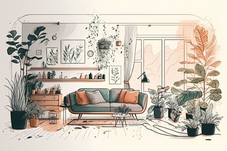 Modern living room interior with furniture and plants. Vector hand drawn illustration.の素材