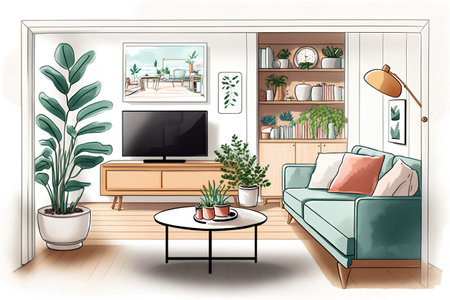 Living room with sofa, tv and plants. Hand drawn illustration.の素材