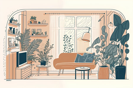 Living room interior with furniture and plants. Vector illustration in sketch style.の素材