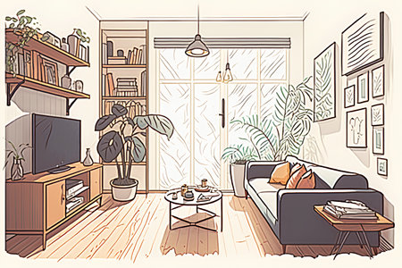 Living room interior with sofa, coffee table, bookshelf and plants. Vector illustrationの素材