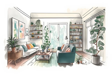 interior sketch of living room with sofa, coffee table and plantsの素材