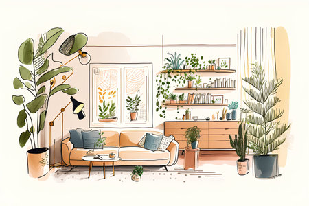 Living room interior with furniture and plants. Hand drawn vector illustration.の素材