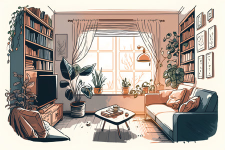 Living room interior with sofa, coffee table, bookshelf and plants. Cozy home. Vector illustration.の素材