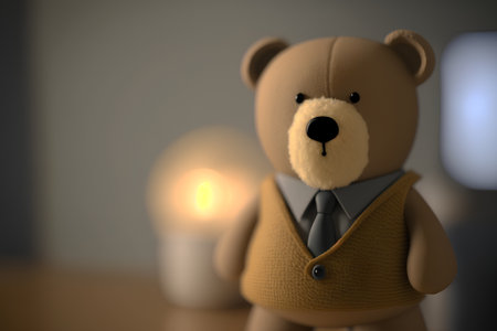 Teddy bear in a suit with a candle in the background.の素材