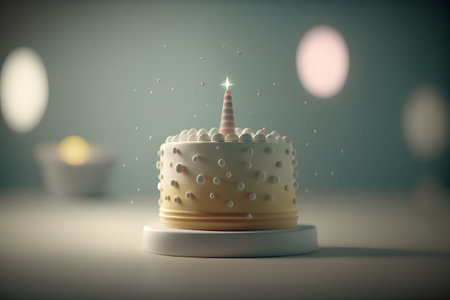 Birthday cake with burning candles on the background. 3d renderingの素材