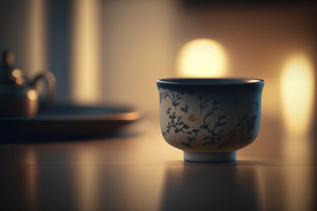 Cup of tea on a wooden table. 3d rendering.の素材