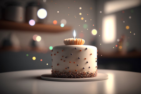 Birthday cake with burning candle on the table. 3d renderingの素材