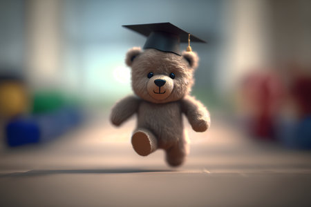 Teddy bear with graduation cap and mortarboard, 3d renderの素材