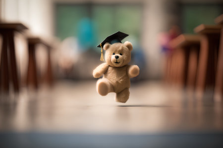 Teddy bear with graduation cap on the floor, education concept.の素材