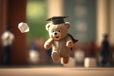 Teddy bear with graduation cap and paper plane. Education concept.の素材