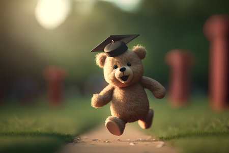 Graduation teddy bear with hat running on the road. 3d renderingの素材