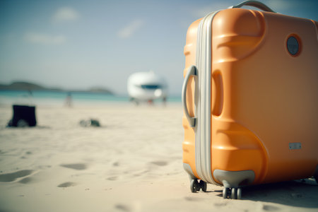 Suitcase on the beach. Summer vacation and travel concept.の素材