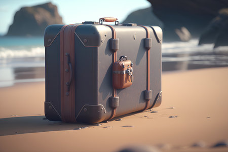 Suitcase on the beach. 3d illustration. Retro style.の素材