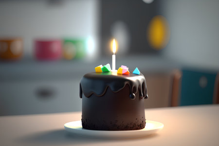 Chocolate cake with burning candle on the table. 3d renderingの素材