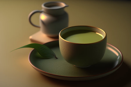 Cup of matcha latte on a saucer. 3d renderingの素材