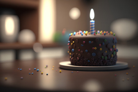 Birthday cake with burning candle on table. 3d illustration.の素材