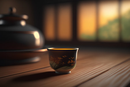 tea ceremony in a teapot and cup on the tableの素材