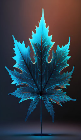 Blue maple leaf on a dark background. 3d rendering, 3d illustration.の素材