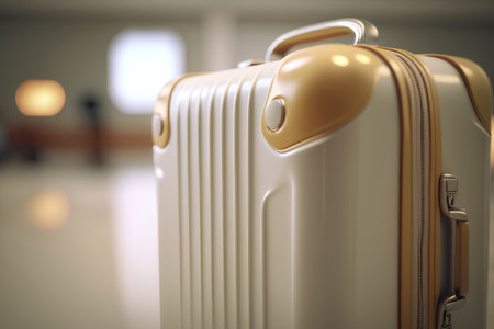 Suitcase in hotel lobby. 3d rendering toned imageの素材