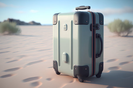 3D rendering of a suitcase in the desert. Travel concept.の素材