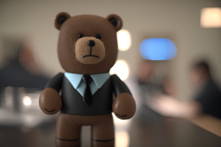 Teddy bear in a suit on a table in a conference roomの素材