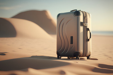 Suitcase in the desert. Travel concept. 3d renderingの素材