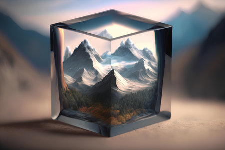 3d illustration of a glass cube with mountains in the background.の素材