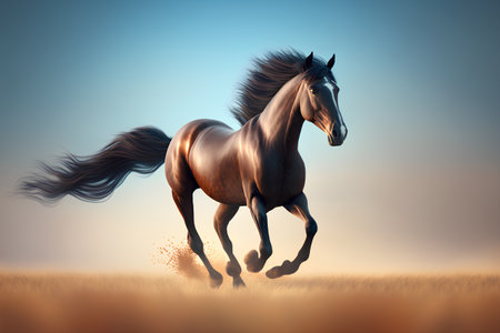 Horse galloping in the field. 3d render illustration.の素材