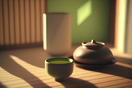 Green tea in a cup and teapot on a wooden tableの素材