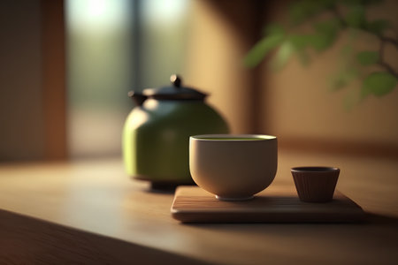 tea ceremony, teapot and cup of tea on the tableの素材