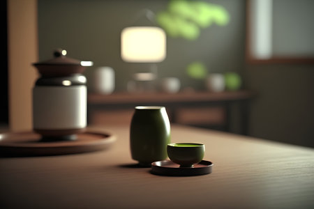 Cup of tea on a wooden table in a dark room.の素材