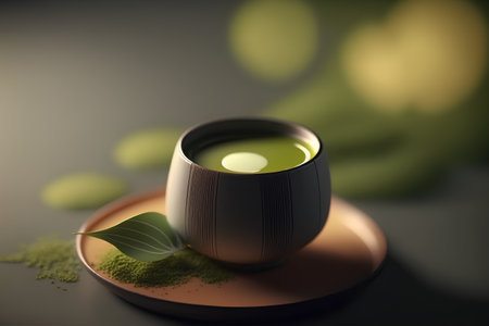 Green tea in a ceramic cup on a dark background with green powderの素材