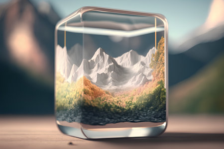 Mountain landscape in a glass vase. 3d rendering.の素材