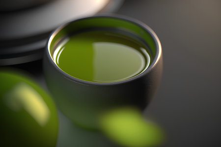 Japanese green tea in a cup on a dark background. 3d renderingの素材