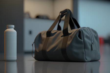 Sports bag and bottle of water on the floor. 3d renderingの素材