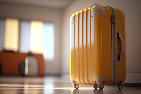 3D rendering of a yellow suitcase in a room with a big windowの素材