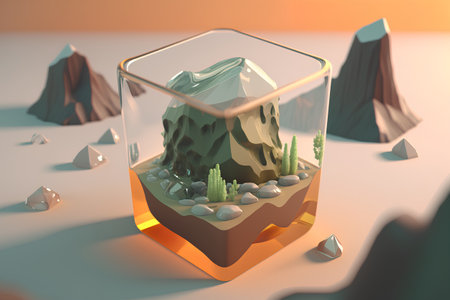 Fantasy landscape with mountains and rocks in glass vase. 3d illustrationの素材