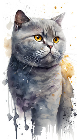 Watercolor portrait of a gray cat on a white background with splashesの素材
