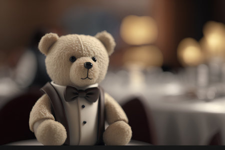 Teddy bear sitting in a restaurant waiting for the waiter to arriveの素材